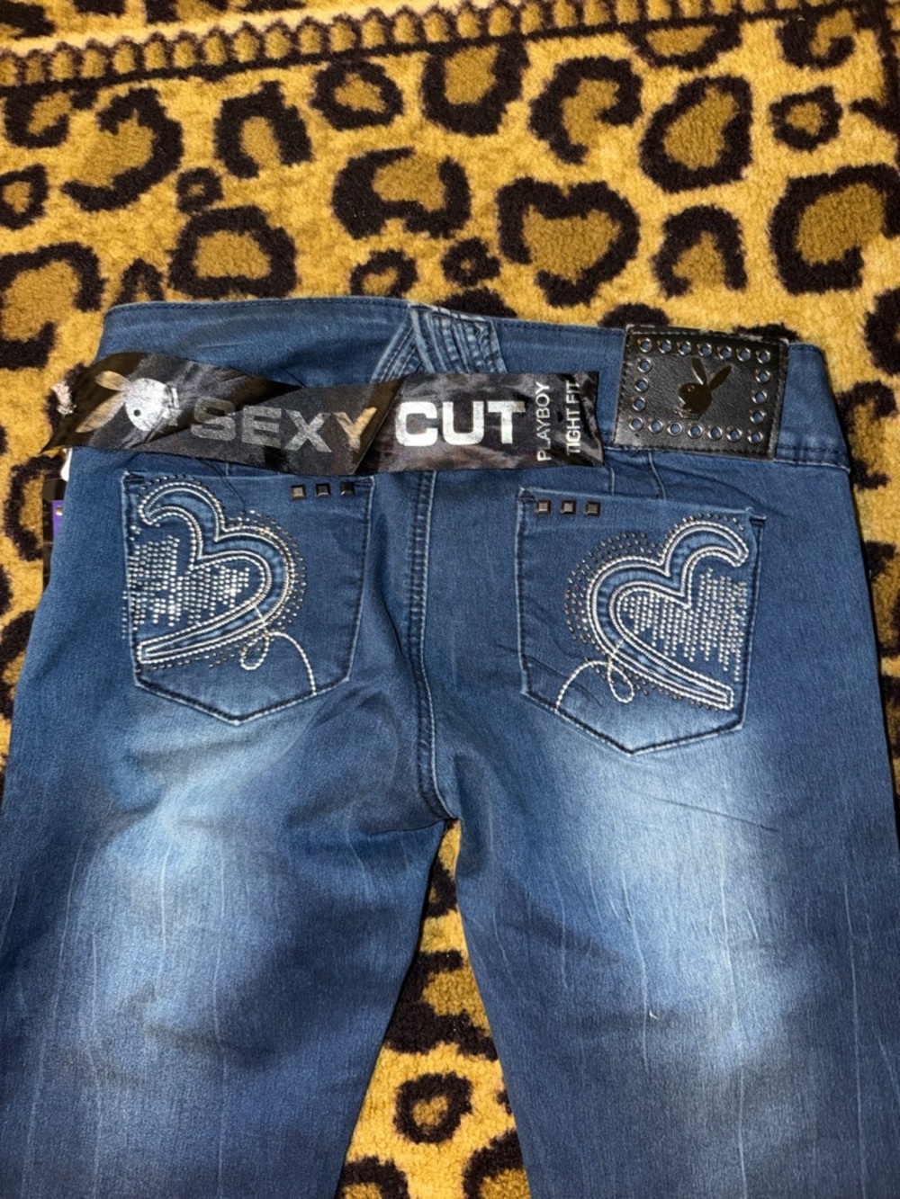 PLAYBOY Women's Skinny Jeans with Embroidered Heart Back Pockets - Blue
